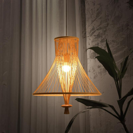 Retro Bamboo Cone Pendant Light Kit - Wood Suspension Lamp For Guesthouse