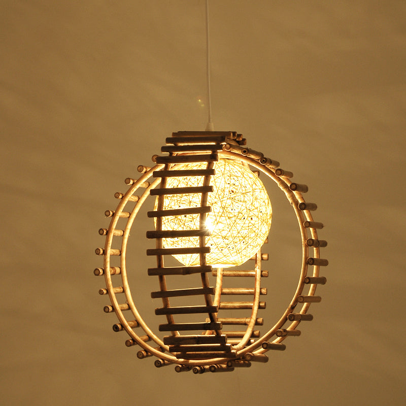 Contemporary Bamboo Circular Pendant Light - 1 Head Beige Ceiling Suspension