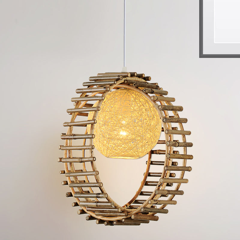 Contemporary Bamboo Circular Pendant Light - 1 Head Beige Ceiling Suspension