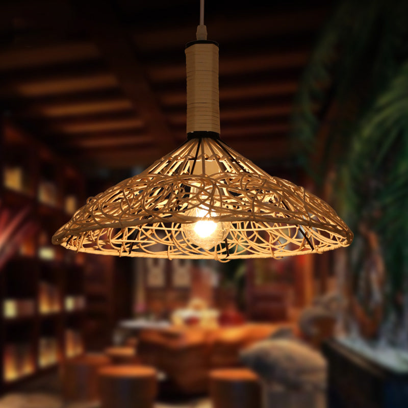 Asian Rattan Cone Ceiling Light - Stylish Wood Pendant Fixture For Living Room