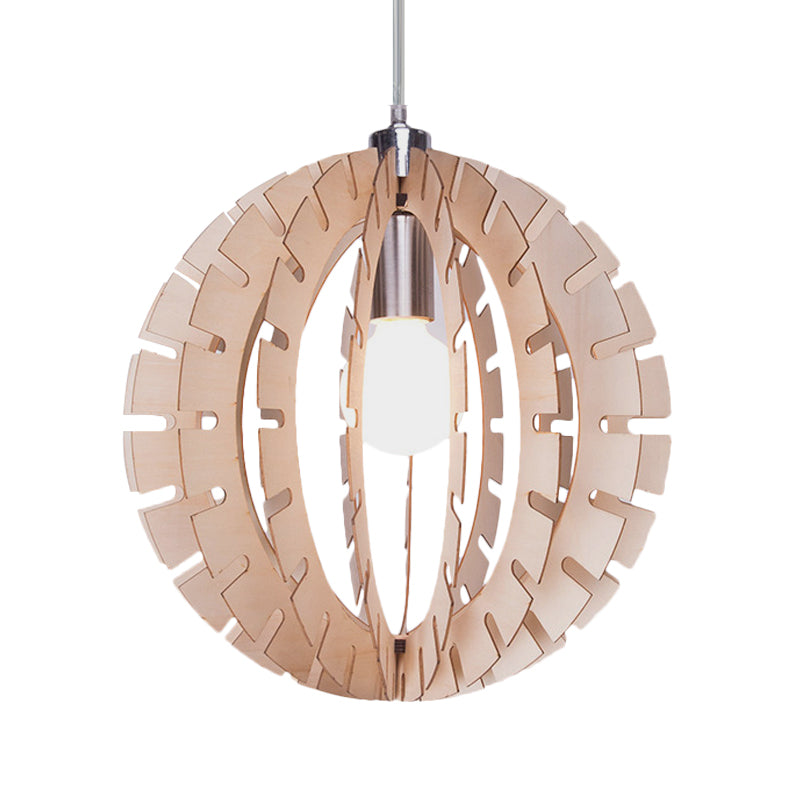 Contemporary Wood Globe Pendant Light - Beige Hanging Fixture With 1 Bulb