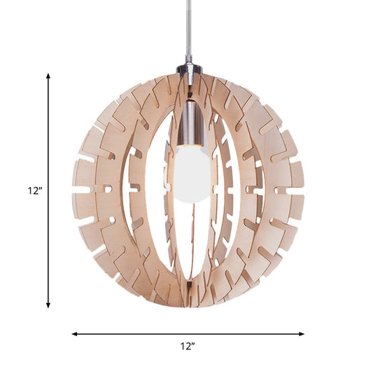 Contemporary Wood Globe Pendant Light - Beige Hanging Fixture With 1 Bulb