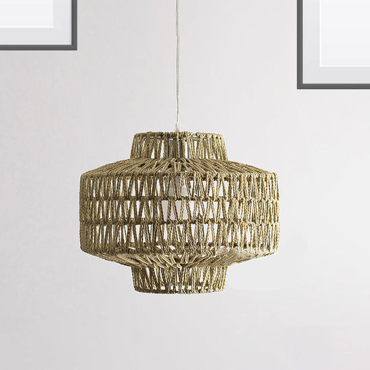 Rattan Wood Pendant Light Kit - Oval/Lantern Style Bulb Hanging Lamp For Restaurants / Lantern