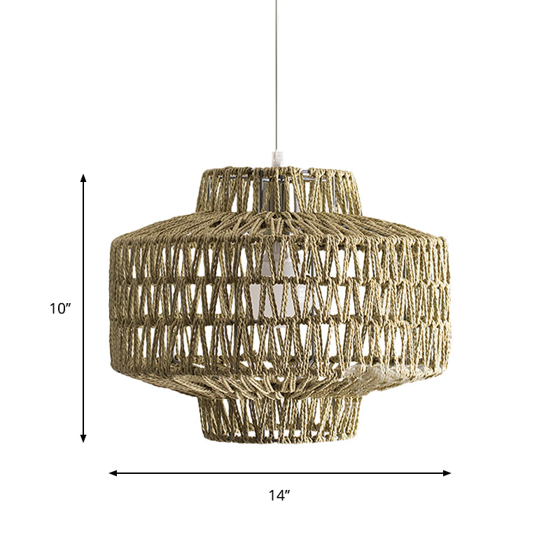 Rattan Wood Pendant Light Kit - Oval/Lantern Style Bulb Hanging Lamp For Restaurants