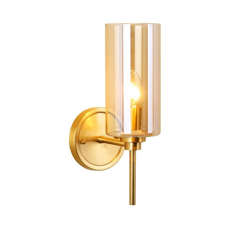 Classic Brass Cylinder Wall Mount Light With Clear Glass - Single Bulb Lighting Fixture