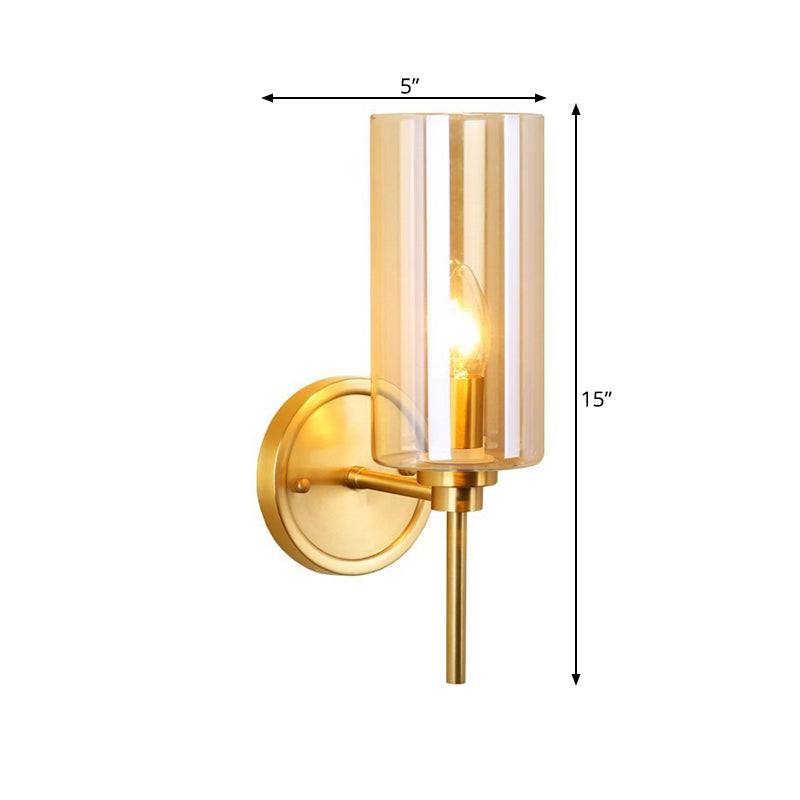 Classic Brass Cylinder Wall Mount Light With Clear Glass - Single Bulb Lighting Fixture