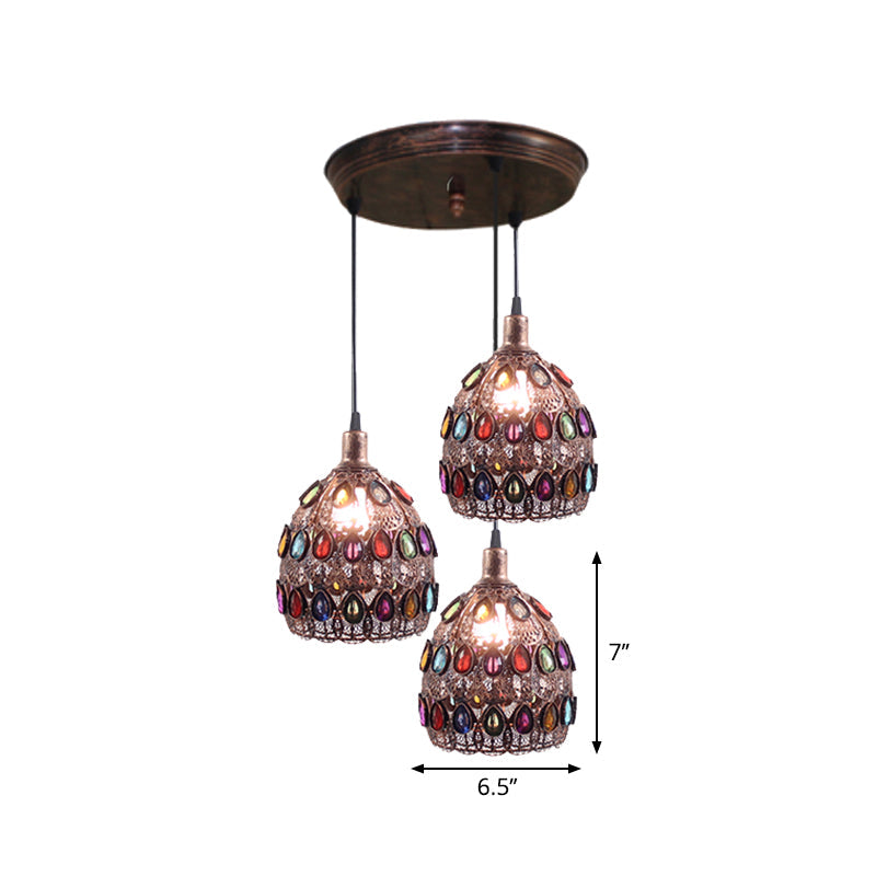 Dome Pendant Ceiling Fixture With Crystal Gem Bohemia Hanging Light In Weathered Copper 1/3-Light