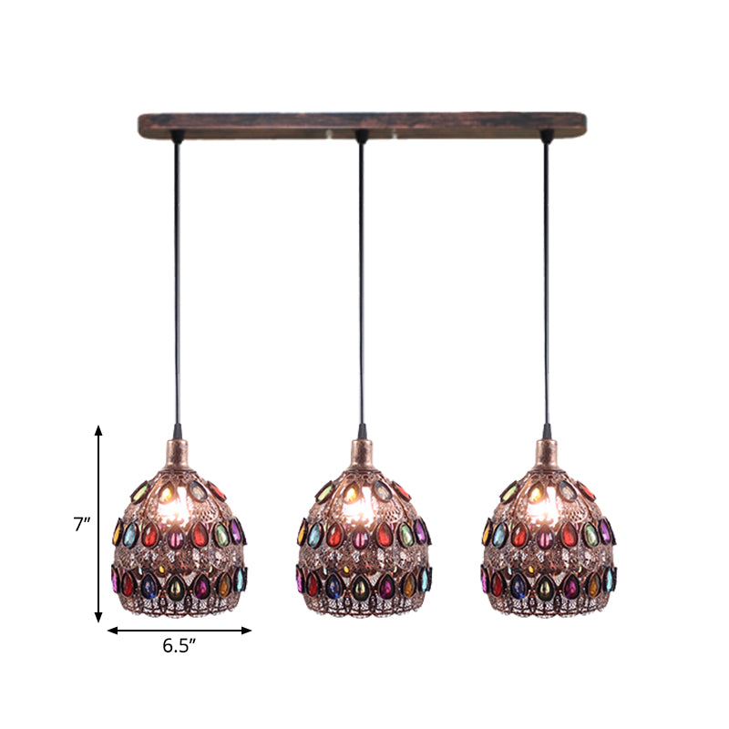 Dome Pendant Ceiling Fixture With Crystal Gem Bohemia Hanging Light In Weathered Copper 1/3-Light