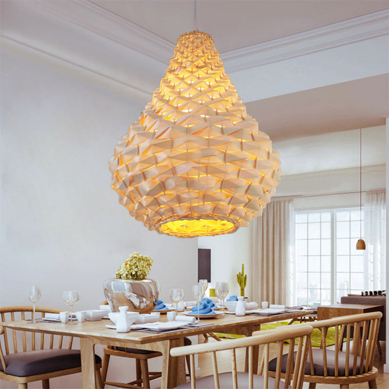 12/14/16 Wide Wood Teardrop/Globe/Dome Hanging Pendant Light - Chinese Single Bulb Beige Dining Room
