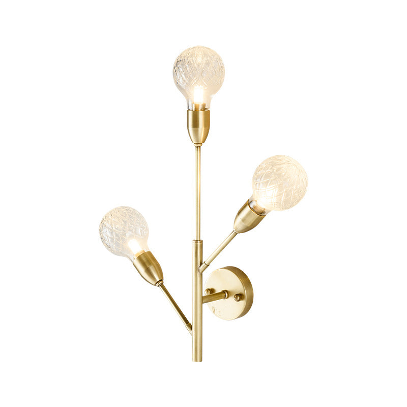 Modernist Brass Armed Sconce Lamp Wall Mount Light Fixure With Prismatic Glass Ball Shade - 3 Bulbs