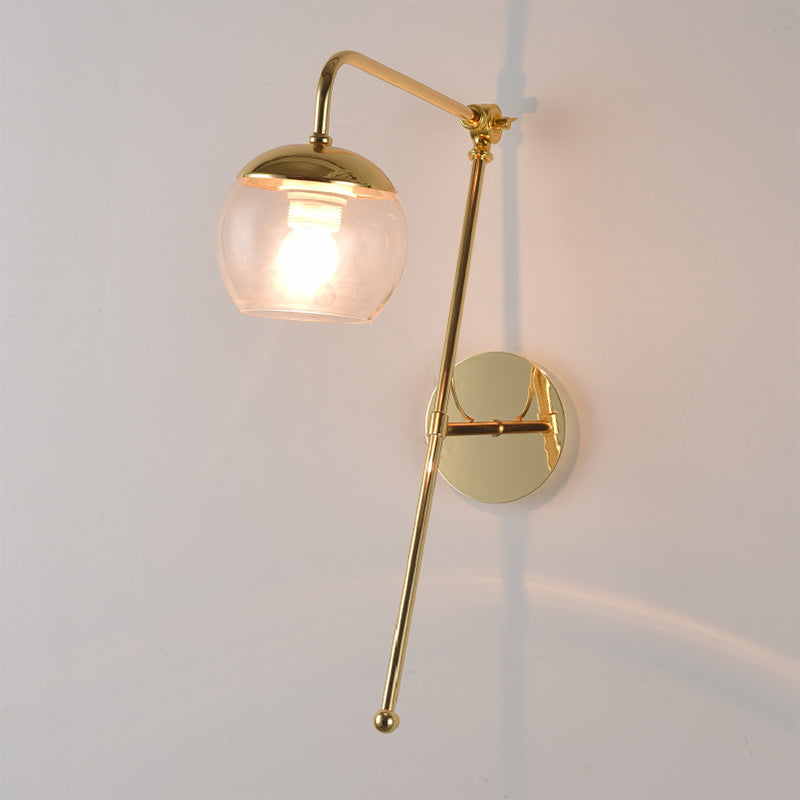 Contemporary Glass Wall Sconce With Brass Finish Arm - 1 Bulb Bedroom Light Clear