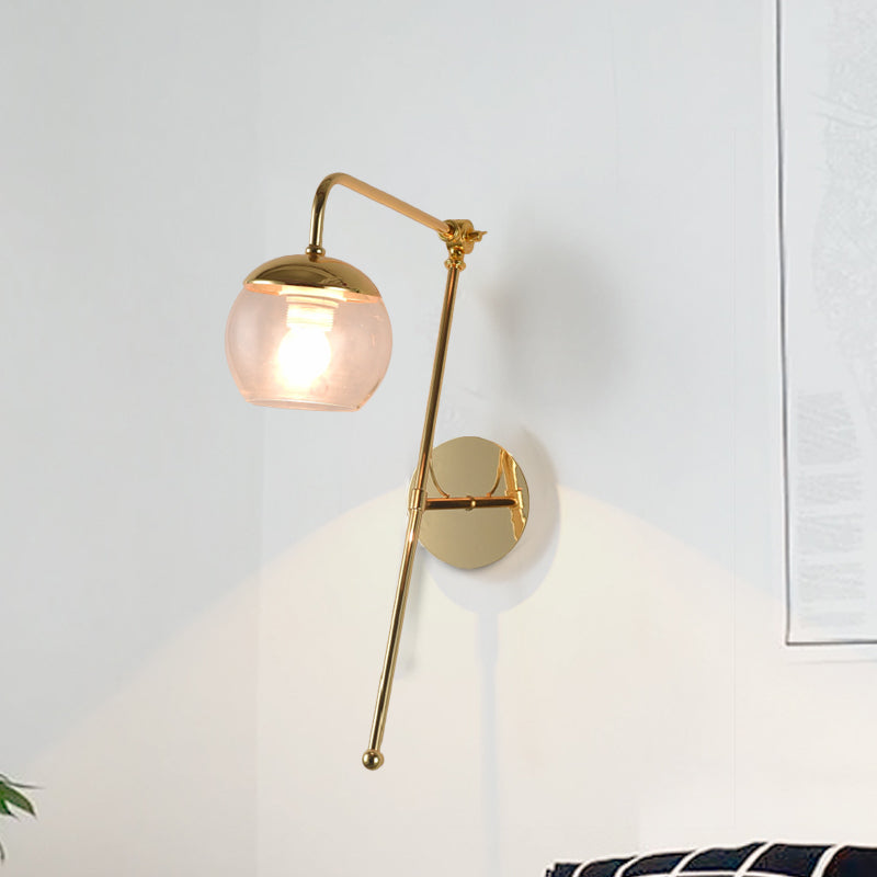 Contemporary Glass Wall Sconce With Brass Finish Arm - 1 Bulb Bedroom Light