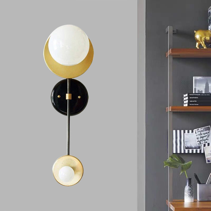 Modern 2-Light Balance Scale Wall Sconce: Black & Gold Milky Glass Reading Lamp Black-Gold