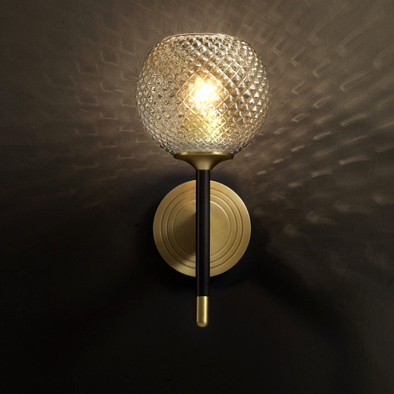 Sleek Glass Globe Wall Sconce: Ribbed Simplicity Brass Finish Mounted Light Fixture