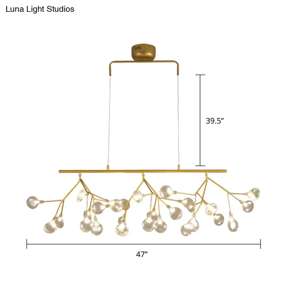 27-Bulb Island Light Brass Finish Hanging Lamp With Glass Shade - Minimalist Branch Design