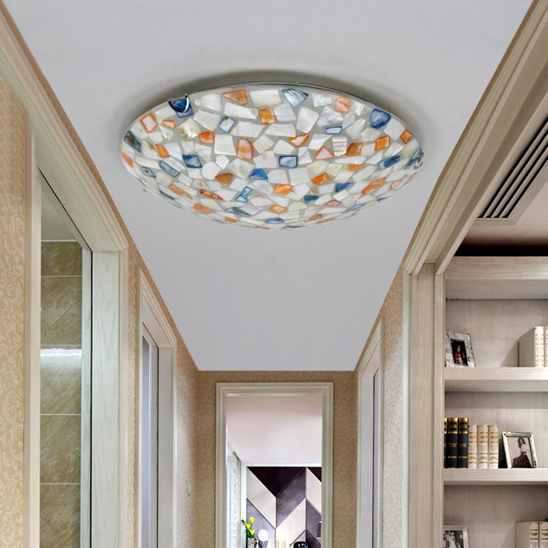 Vintage Mosaic Glass Flush Mount Ceiling Light - 12"/16" W Colorful Bowl Design, 1-Bulb Fixture in White