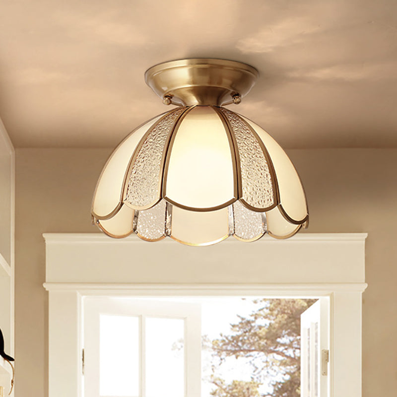 Scallop Bedroom Flush Mount Light - Blown Opal Glass 1 Bulb Brass Finish Close To Ceiling Lamp / 10