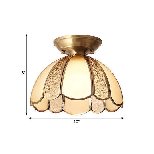 Scallop Bedroom Flush Mount Light - Blown Opal Glass 1 Bulb Brass Finish Close To Ceiling Lamp