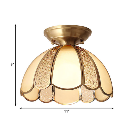 Scallop Bedroom Flush Mount Light - Blown Opal Glass 1 Bulb Brass Finish Close To Ceiling Lamp