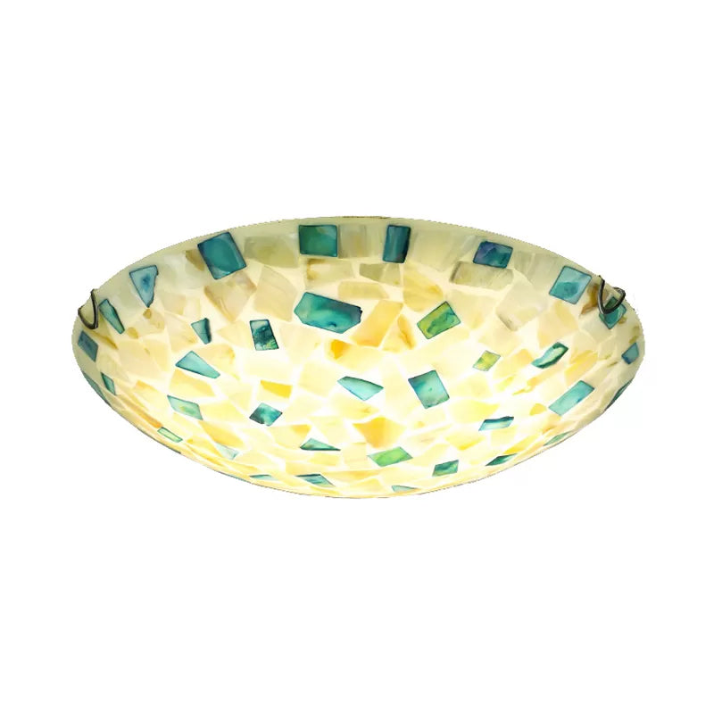 Vintage Mosaic Glass Bowl Ceiling Light Fixture - Beige/Blue 1 Bulb Flush Mount For Dining Room