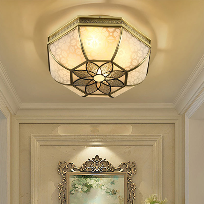 Colonial-Style Beveled Ceiling Mounted Light - 4-Bulb Opaque Glass Flush Mount Fixture In Brass For