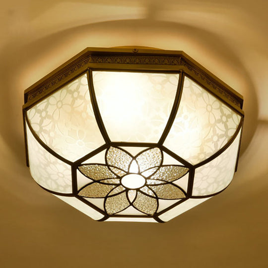 Colonial-Style Beveled Ceiling Mounted Light - 4-Bulb Opaque Glass Flush Mount Fixture in Brass for Bedrooms