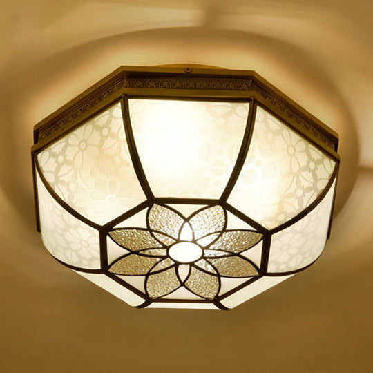 Brass Flush Mount Ceiling Light With Beveled Opaque Glass - 4 Bulbs For Bedroom