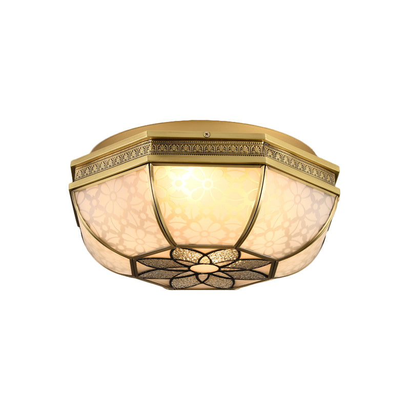 Brass Flush Mount Ceiling Light With Beveled Opaque Glass - 4 Bulbs For Bedroom