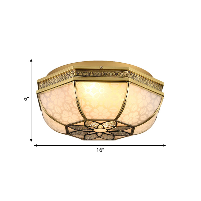 Colonial-Style Beveled Ceiling Mounted Light - 4-Bulb Opaque Glass Flush Mount Fixture In Brass For