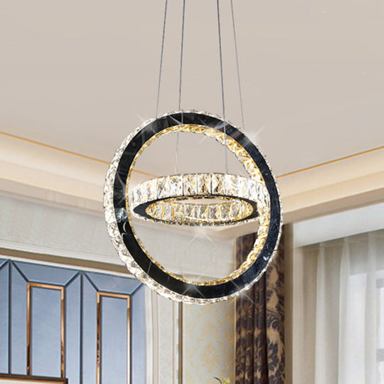 Modern Black LED Ring Chandelier with Crystal Accents for Living Room