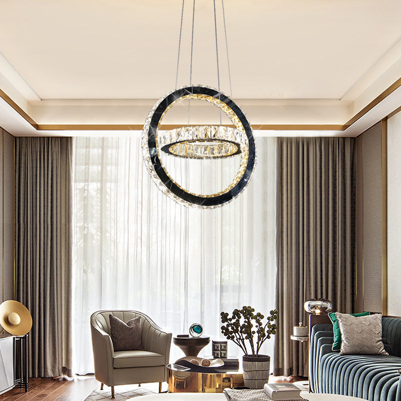 Modern Black LED Ring Chandelier with Crystal Accents for Living Room