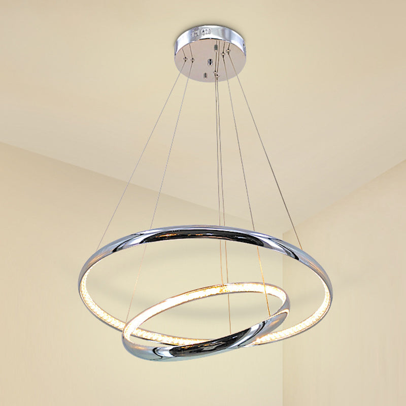 Crystal LED Minimalist Chrome Ring Chandelier for Warm/White Lighting in Living Room