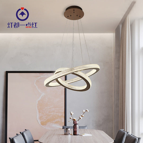 Minimalist Led Circle Chandelier With Crystal Cross Design - Warm/White Light Coffee / White