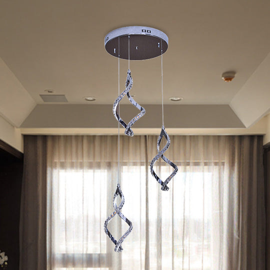 Modern Nickel Twist Cluster Pendant with Crystal Down Lighting and 3 Warm/White Lights
