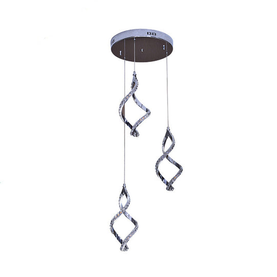 Modern Nickel Twist Cluster Pendant with Crystal Down Lighting and 3 Warm/White Lights