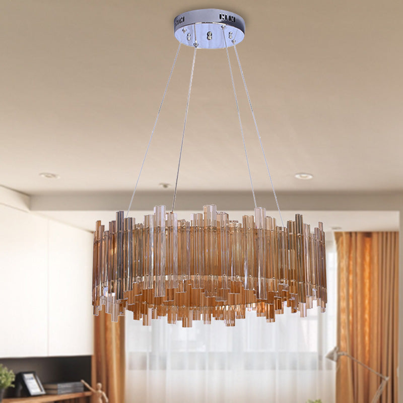 Amber LED Drum Crystal Chandelier Pendant Light for Minimalist Living Room
