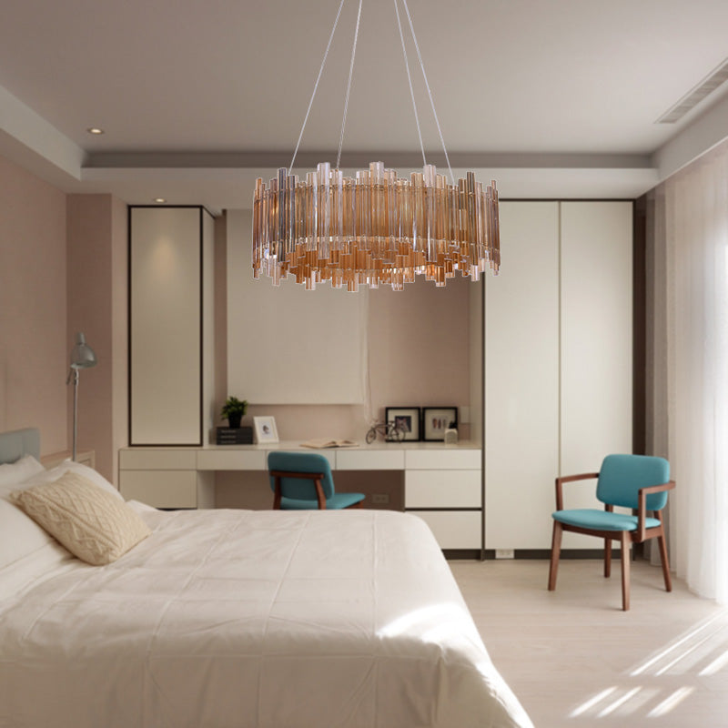 Amber LED Drum Crystal Chandelier Pendant Light for Minimalist Living Room
