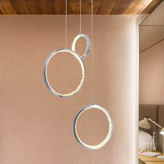 Circle Crystal Pendant Light with Cluster 3 Lights - Minimalist Design, Chrome Finish, Warm/White Lighting