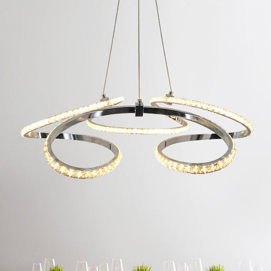 Modern Chrome Twist Chandelier - Crystal LED Pendant Light, Warm/White Glow - Elegant Dining Room Ceiling Suspension