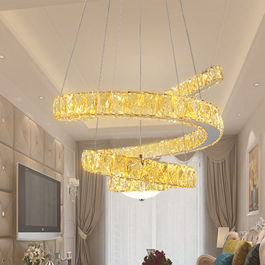 Minimalist LED Crystal Chandelier - Chrome Spiral Hanging Lamp in Warm/2 Color Light