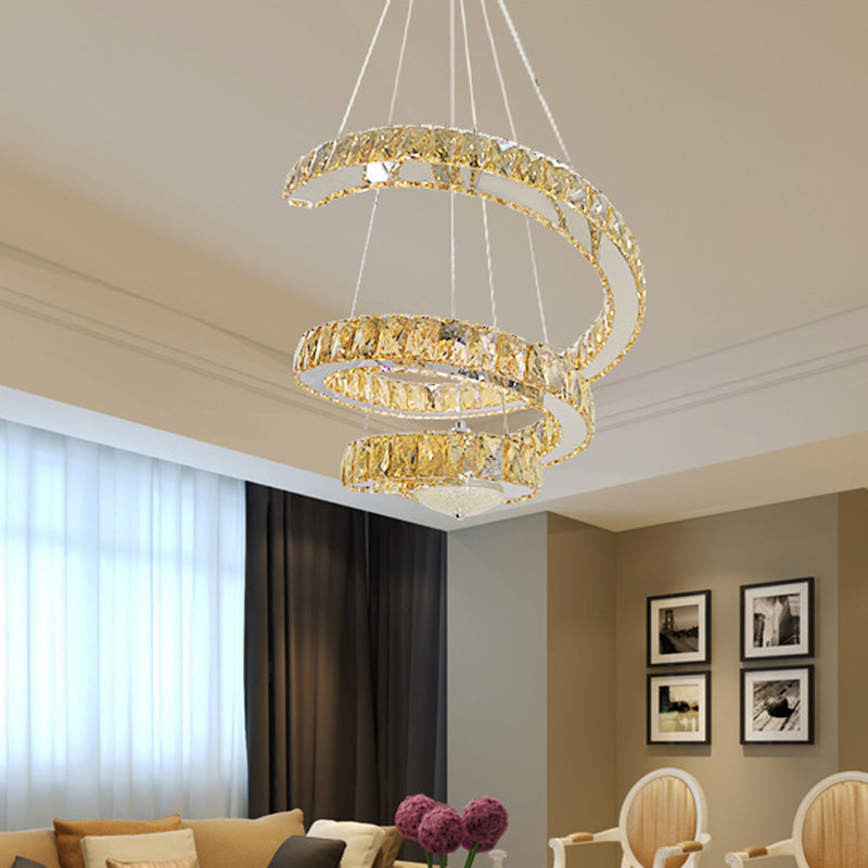 Minimalist Led Crystal Chandelier Chrome Spiral Lighting Fixture With Warm/2 Color Light
