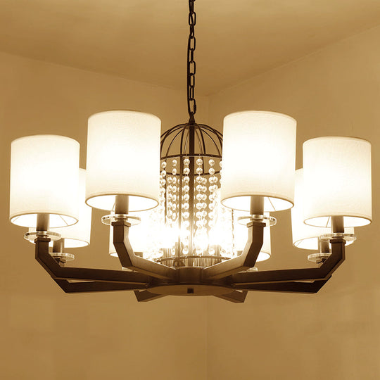 Modern Drum Crystal Chandelier - 9/12 Lights - White Fabric Shade