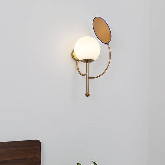 Retro Gold/Black Wall Sconce - 1 Light Matte White Glass Fixture With Reflector