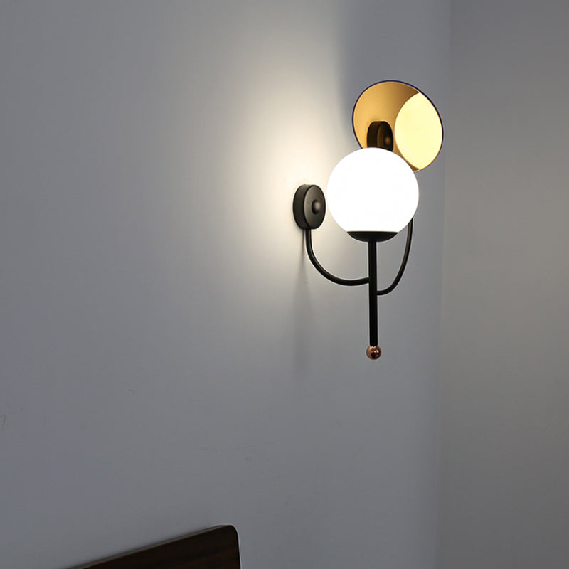 Retro Gold/Black Wall Sconce - 1 Light Matte White Glass Fixture With Reflector