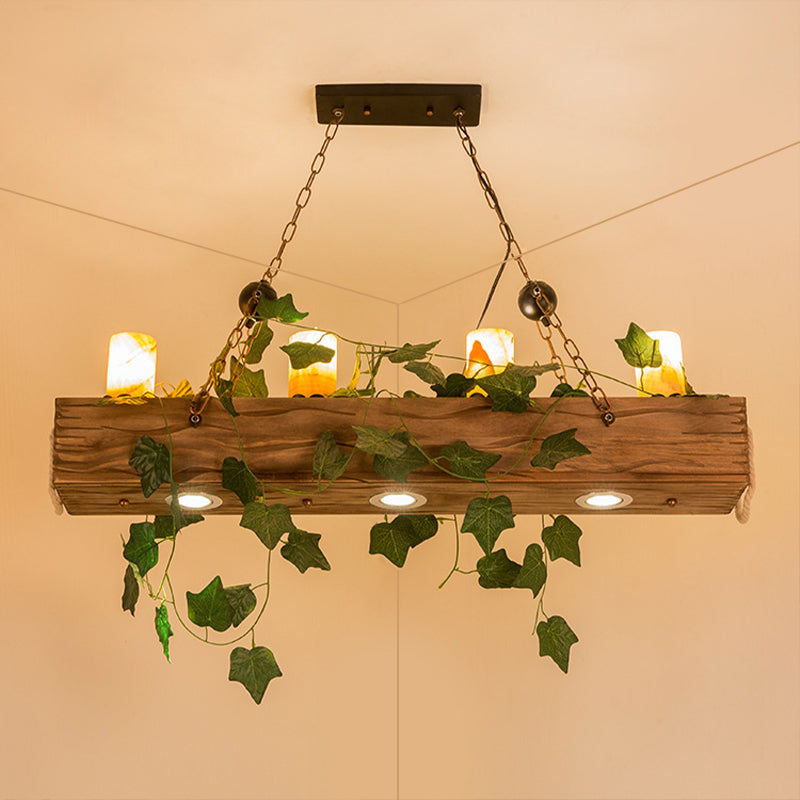 Farmhouse Style Wooden Linear Island Chandelier With 4 Brown Heads And Cylinder Shade