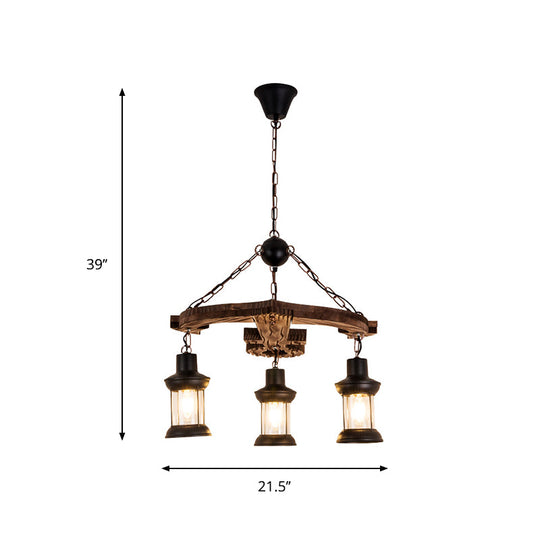 Rustic 3-Light Brown Anchor Chandelier Pendant with Wood and Metal Lantern Shade – Loft Style Ceiling Lamp