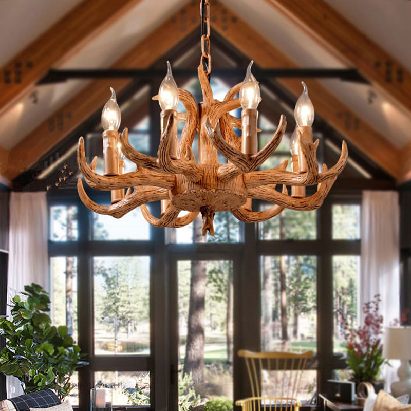 Stylish Antlers Chandelier With 8 Lights - Lodge-Inspired Resin Pendant Light Fixture In Wood