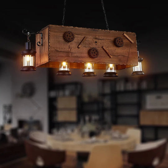 Retro Style 5-Light Kitchen Chandelier: Rectangle Design With Light Wood And Metal Lantern Shade
