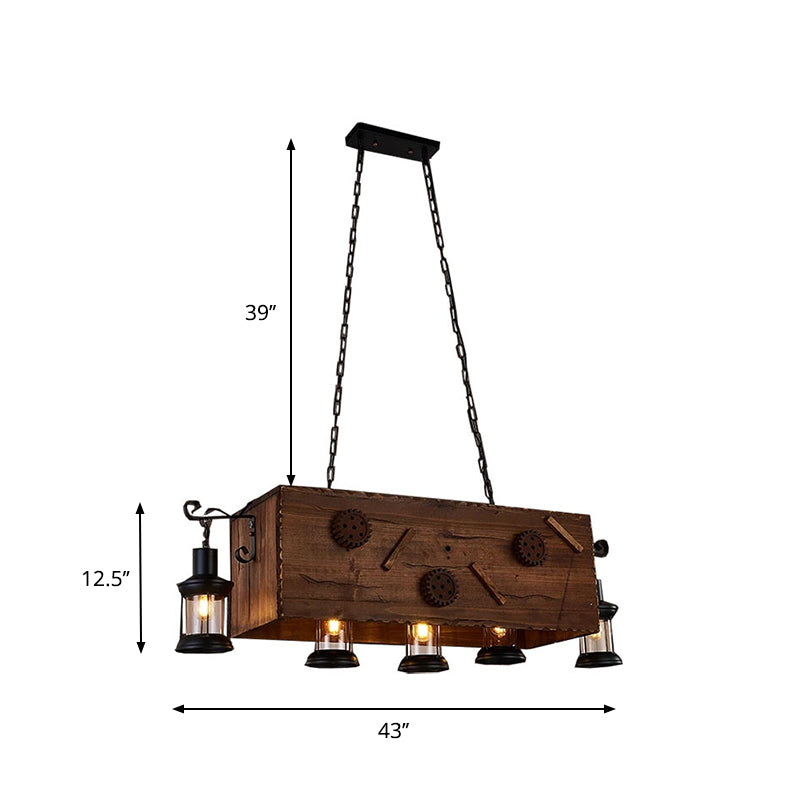 Retro Style Wood and Metal Chandelier: Rectangle Kitchen Light, 5 Lights, Brown, Lantern Shade