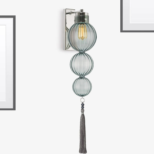 Chinese Style Brass/Chrome Sphere Sconce Light - Clear/Amber/Light Blue Glass Wall Mount Lamp With